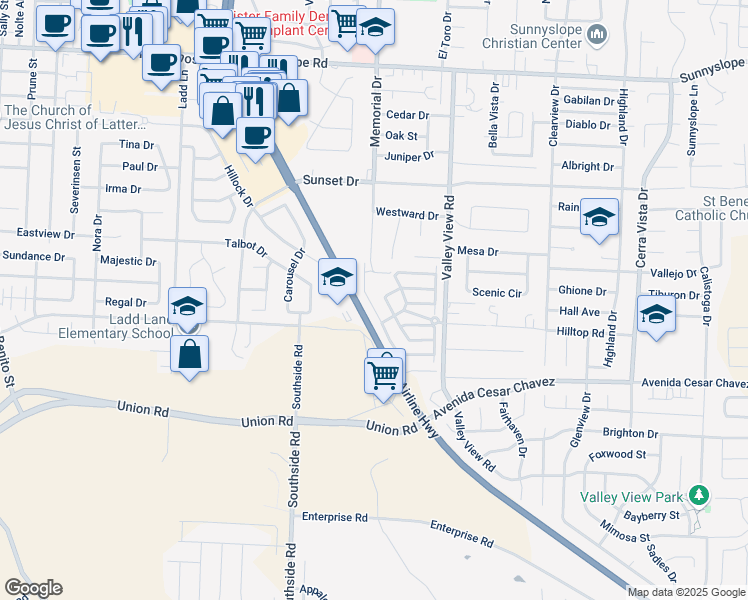 map of restaurants, bars, coffee shops, grocery stores, and more near 2061 White Oak Drive in Hollister