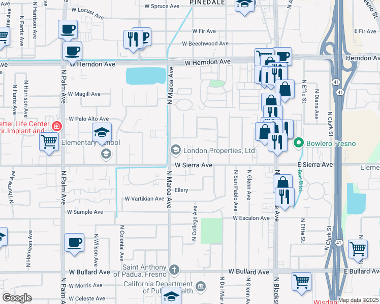 map of restaurants, bars, coffee shops, grocery stores, and more near 330 West Sierra Avenue in Fresno