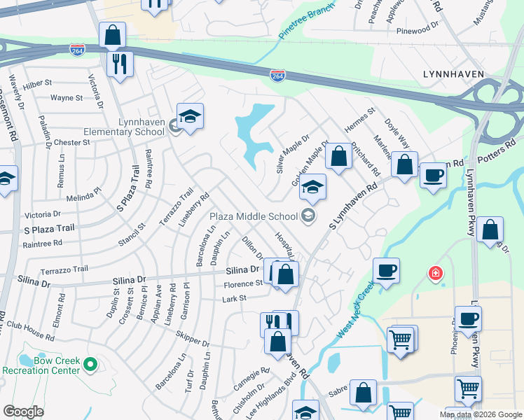 map of restaurants, bars, coffee shops, grocery stores, and more near 344 Hospital Drive in Virginia Beach