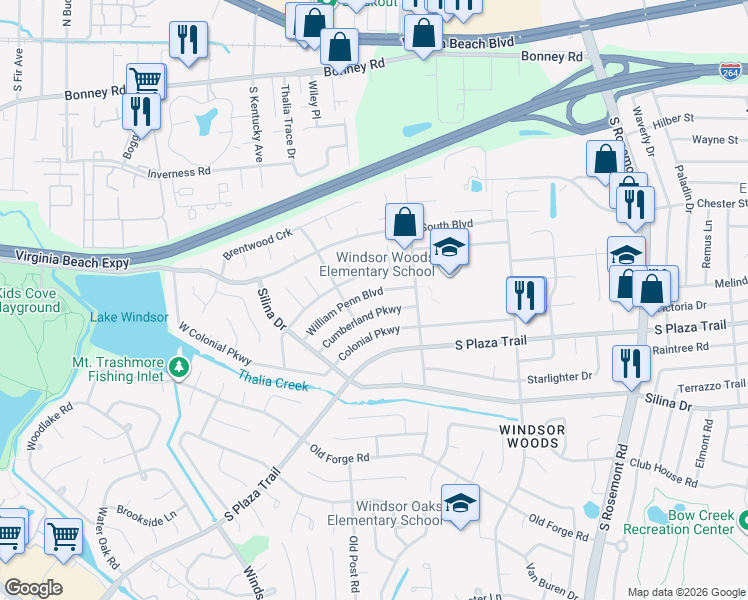 map of restaurants, bars, coffee shops, grocery stores, and more near 3825 William Penn Boulevard in Virginia Beach