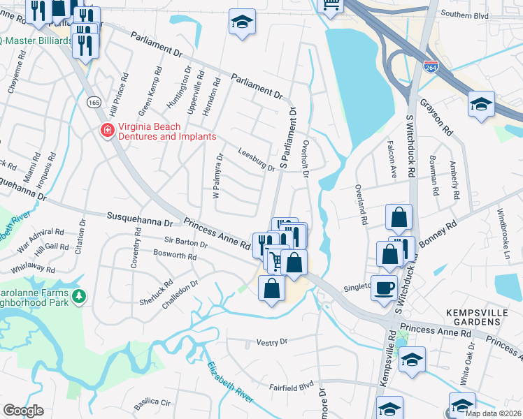 map of restaurants, bars, coffee shops, grocery stores, and more near 301 South Parliament Drive in Virginia Beach