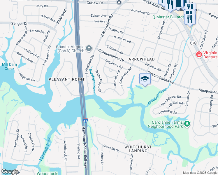map of restaurants, bars, coffee shops, grocery stores, and more near 452 West Chickasaw Road in Virginia Beach