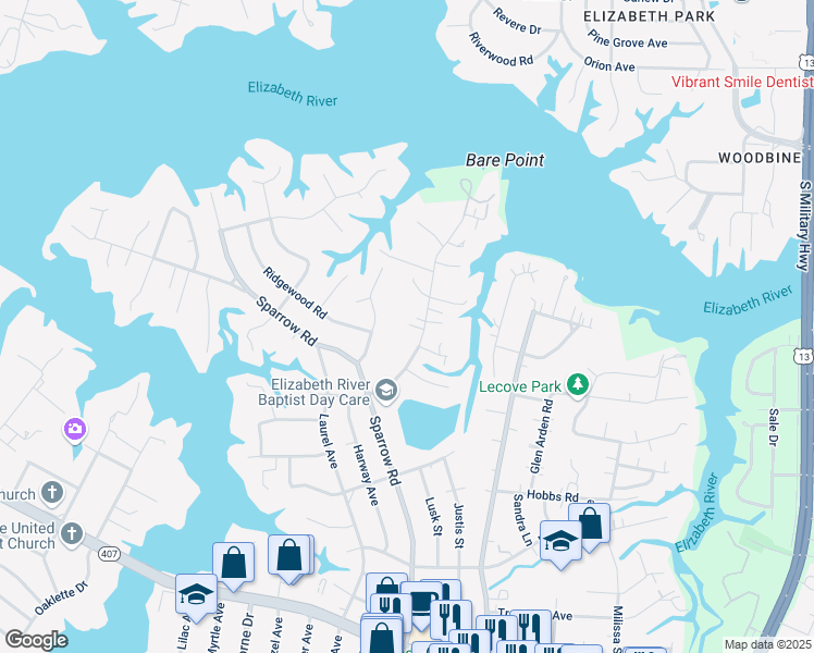 map of restaurants, bars, coffee shops, grocery stores, and more near 3524 Bow Street in Virginia Beach