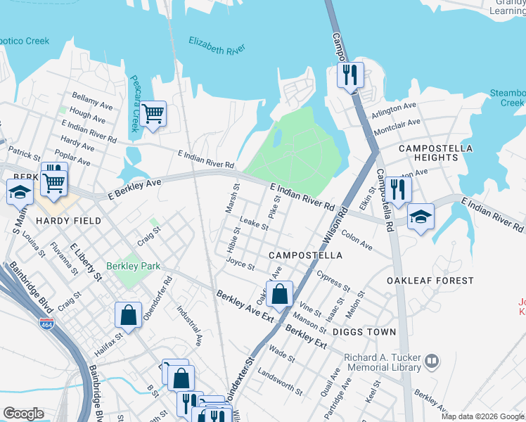 map of restaurants, bars, coffee shops, grocery stores, and more near 1201 Pike Street in Norfolk