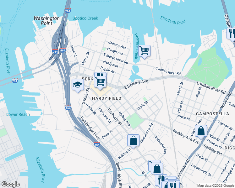 map of restaurants, bars, coffee shops, grocery stores, and more near 409 Berkley Avenue Extension in Norfolk