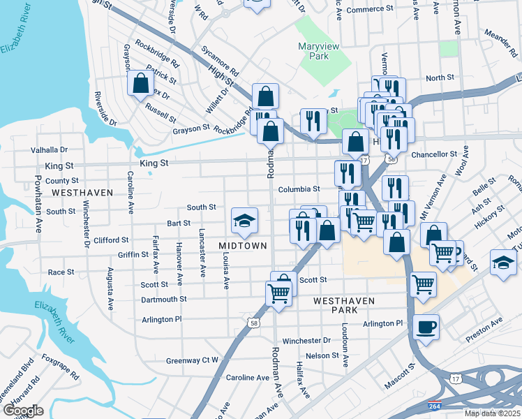 map of restaurants, bars, coffee shops, grocery stores, and more near 3715 South Street in Portsmouth