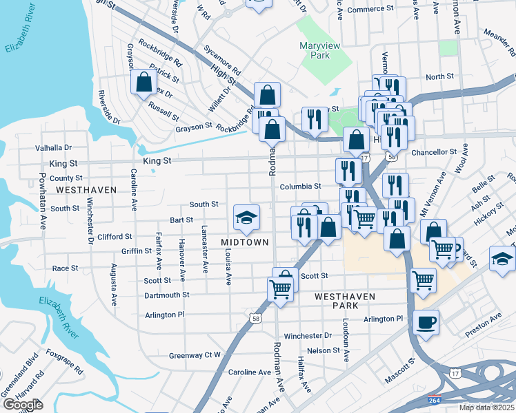 map of restaurants, bars, coffee shops, grocery stores, and more near 3715 South Street in Portsmouth