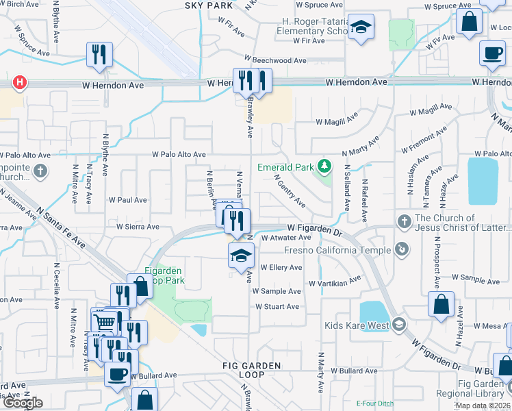 map of restaurants, bars, coffee shops, grocery stores, and more near 6455 North Leslie Lane in Fresno