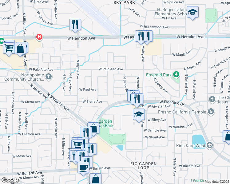 map of restaurants, bars, coffee shops, grocery stores, and more near 4170 West Menlo Avenue in Fresno