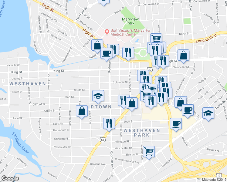 map of restaurants, bars, coffee shops, grocery stores, and more near 3617 South Street in Portsmouth