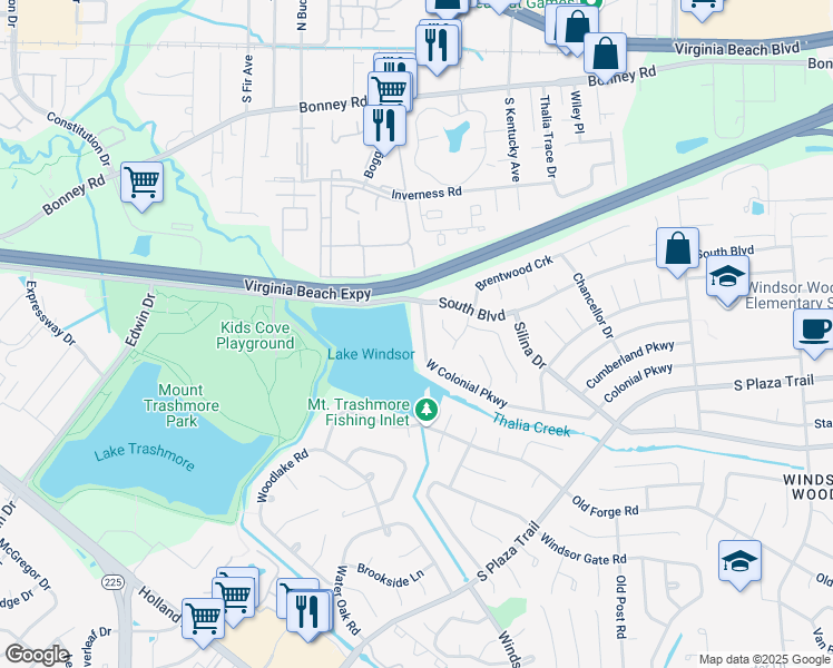 map of restaurants, bars, coffee shops, grocery stores, and more near 4057 West Colonial Parkway in Virginia Beach