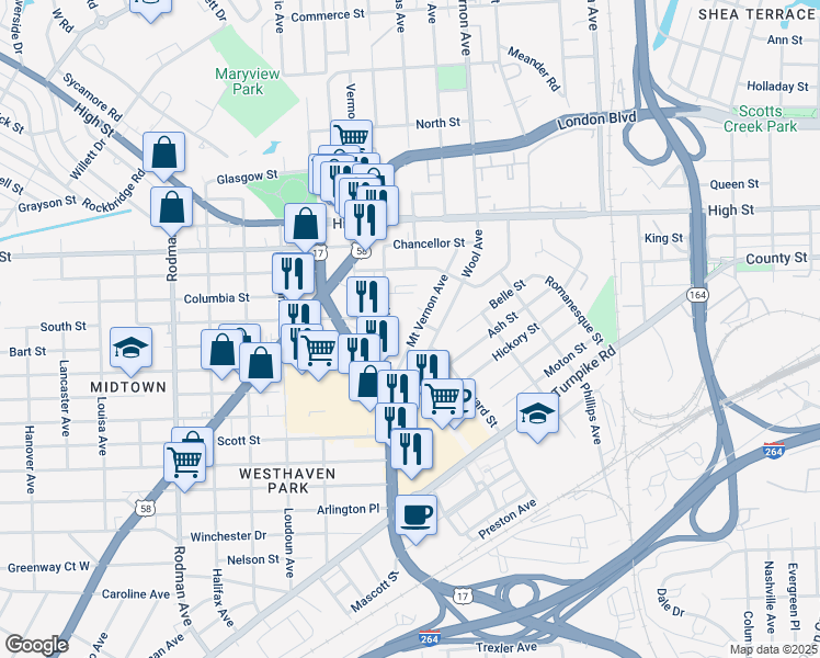 map of restaurants, bars, coffee shops, grocery stores, and more near 1504 Mount Vernon Avenue in Portsmouth