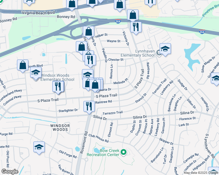 map of restaurants, bars, coffee shops, grocery stores, and more near 3528 Victoria Drive in Virginia Beach