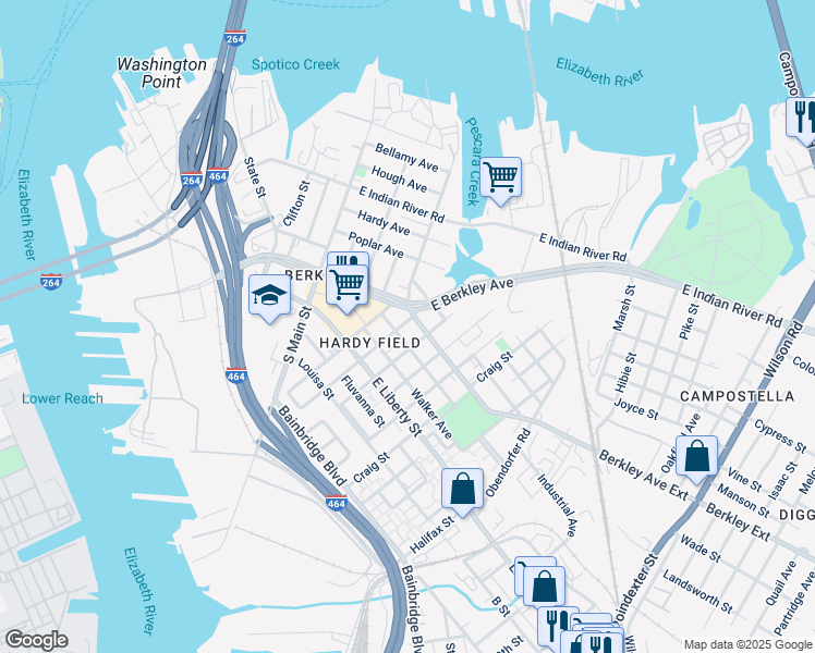 map of restaurants, bars, coffee shops, grocery stores, and more near 600 Grayson Street in Norfolk