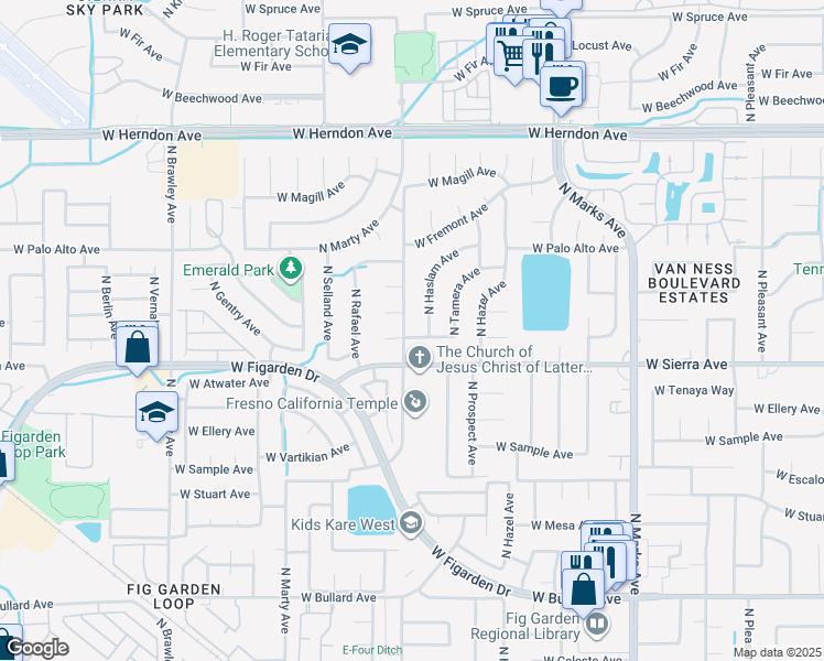 map of restaurants, bars, coffee shops, grocery stores, and more near 3382 W Menlo Ave in Fresno