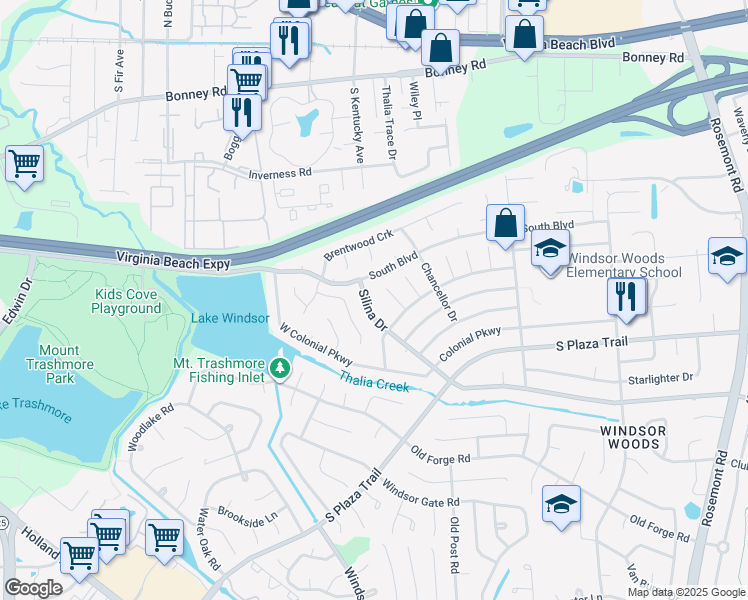 map of restaurants, bars, coffee shops, grocery stores, and more near 3944 Silina Drive in Virginia Beach
