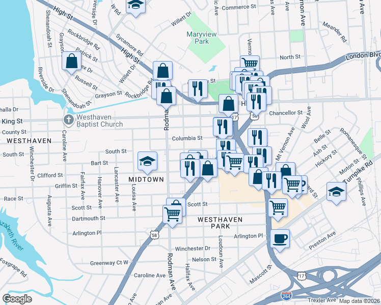 map of restaurants, bars, coffee shops, grocery stores, and more near 3517 South St in Portsmouth