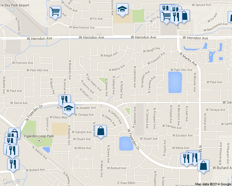map of restaurants, bars, coffee shops, grocery stores, and more near 6460 North Selland Avenue in Fresno
