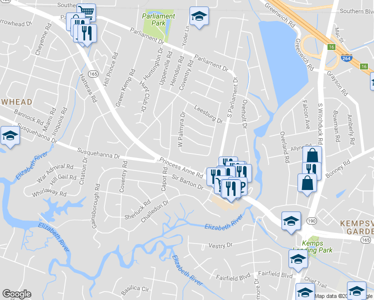 map of restaurants, bars, coffee shops, grocery stores, and more near 5324 South Palmyra Drive in Virginia Beach