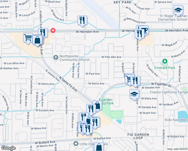map of restaurants, bars, coffee shops, grocery stores, and more near 4331 West Paul Avenue in Fresno
