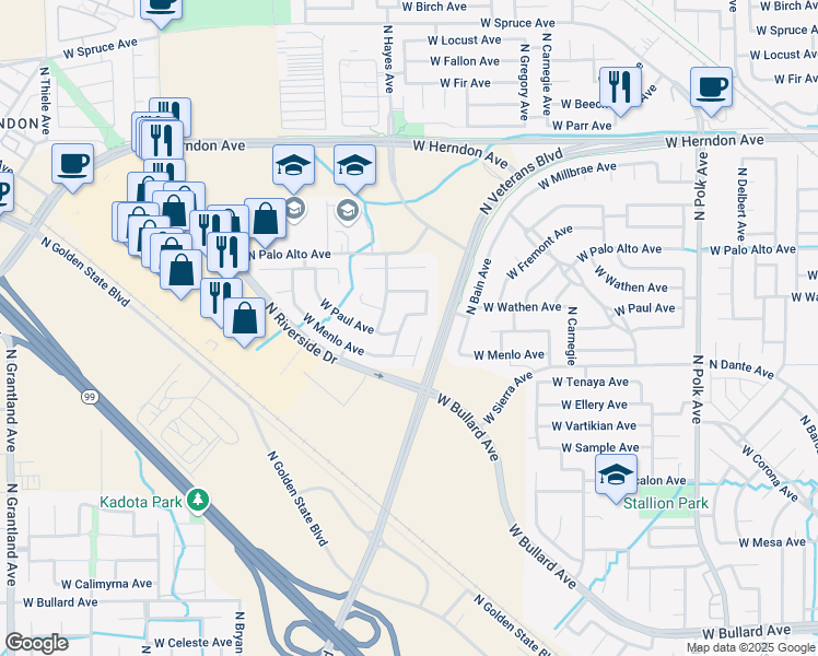 map of restaurants, bars, coffee shops, grocery stores, and more near 6670 North Contessa Avenue in Fresno