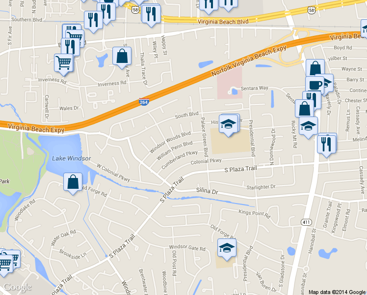 map of restaurants, bars, coffee shops, grocery stores, and more near 3825 William Penn Boulevard in Virginia Beach
