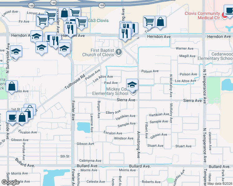 map of restaurants, bars, coffee shops, grocery stores, and more near 42 North Cypress Avenue in Clovis