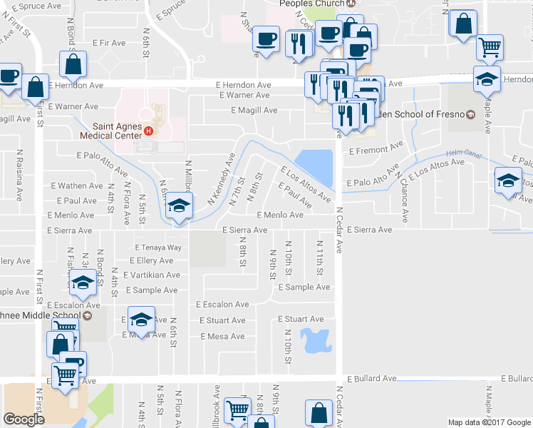 map of restaurants, bars, coffee shops, grocery stores, and more near 1600 East Menlo Avenue in Fresno