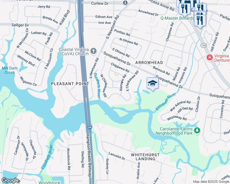 map of restaurants, bars, coffee shops, grocery stores, and more near 452 West Chickasaw Road in Virginia Beach