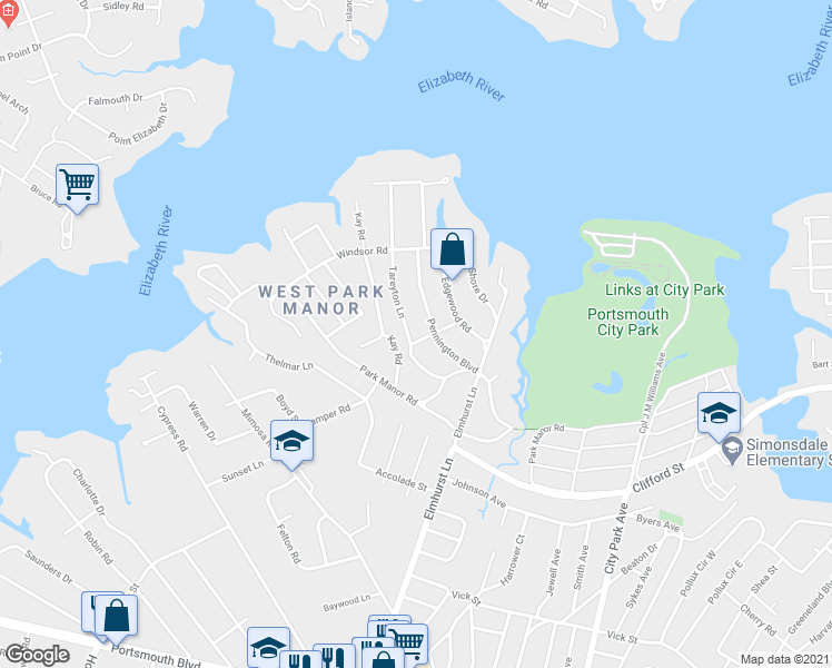 map of restaurants, bars, coffee shops, grocery stores, and more near 300 Tareyton Lane in Portsmouth