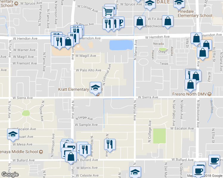 map of restaurants, bars, coffee shops, grocery stores, and more near 6454 North Remington Avenue in Fresno