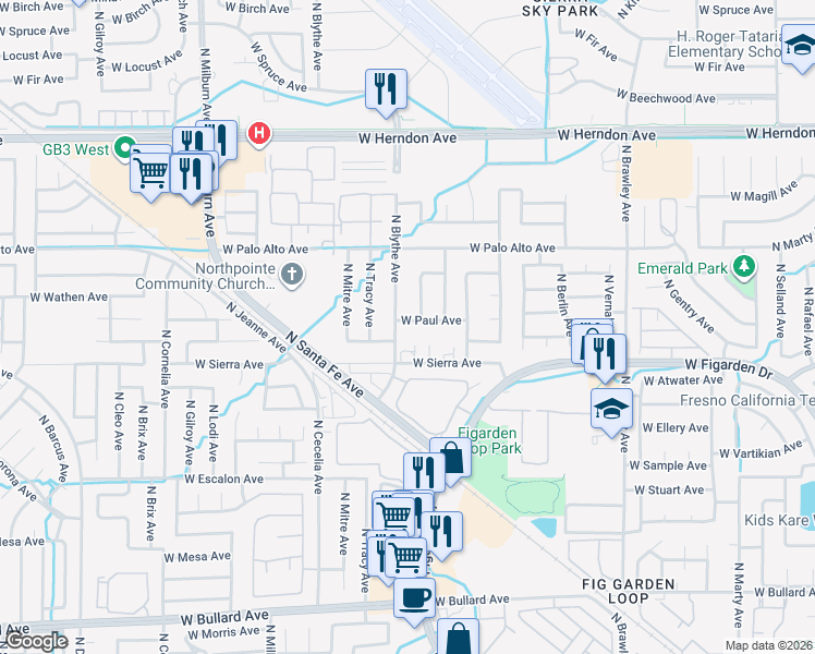 map of restaurants, bars, coffee shops, grocery stores, and more near 4381 West Paul Avenue in Fresno