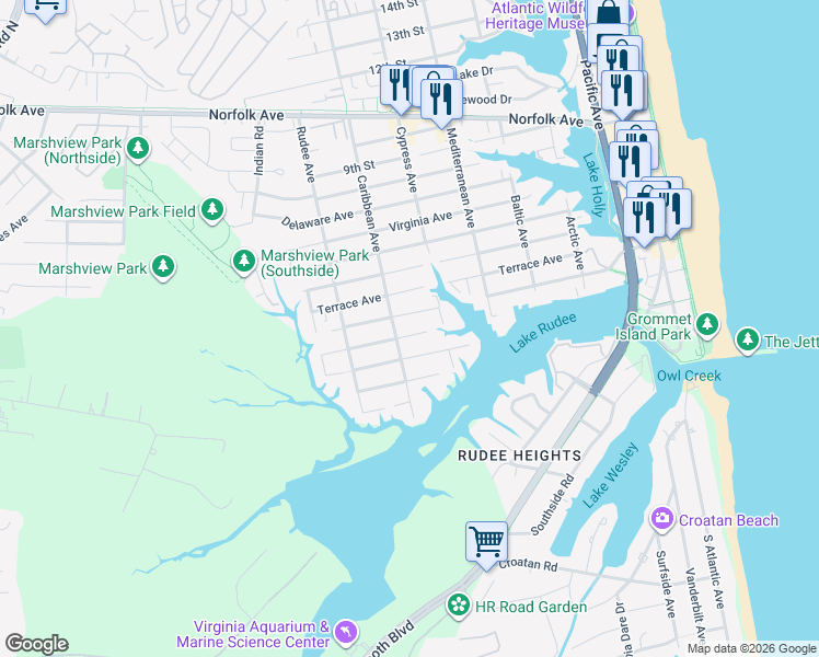 map of restaurants, bars, coffee shops, grocery stores, and more near 723 Greensboro Avenue in Virginia Beach