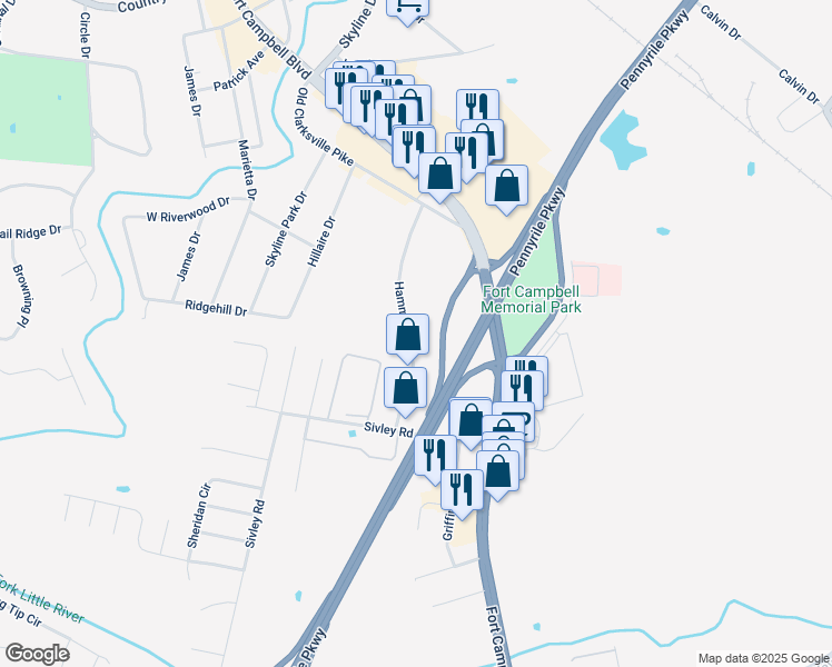 map of restaurants, bars, coffee shops, grocery stores, and more near 300 Hammond Drive in Hopkinsville