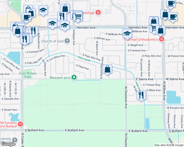 map of restaurants, bars, coffee shops, grocery stores, and more near 6544 North Backer Avenue in Fresno