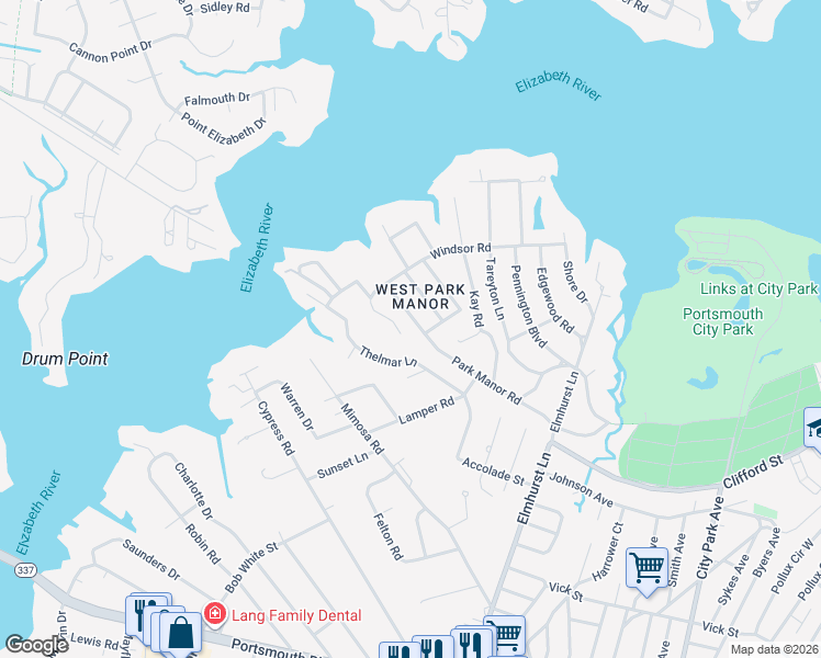 map of restaurants, bars, coffee shops, grocery stores, and more near 712 Windsor Road in Portsmouth
