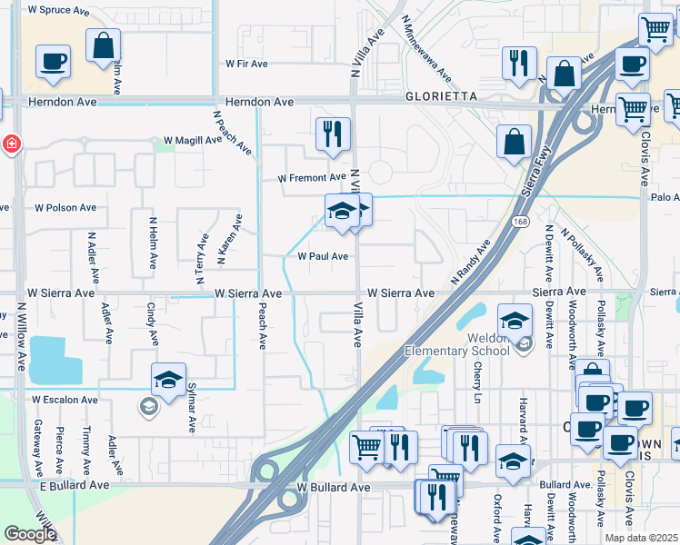 map of restaurants, bars, coffee shops, grocery stores, and more near 40 North Caesar Avenue in Clovis