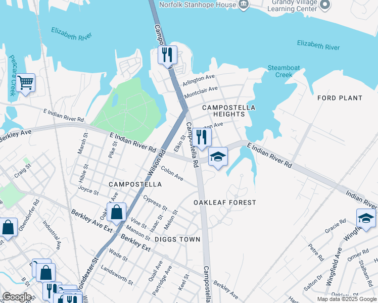 map of restaurants, bars, coffee shops, grocery stores, and more near 1015 Campostella Road in Norfolk