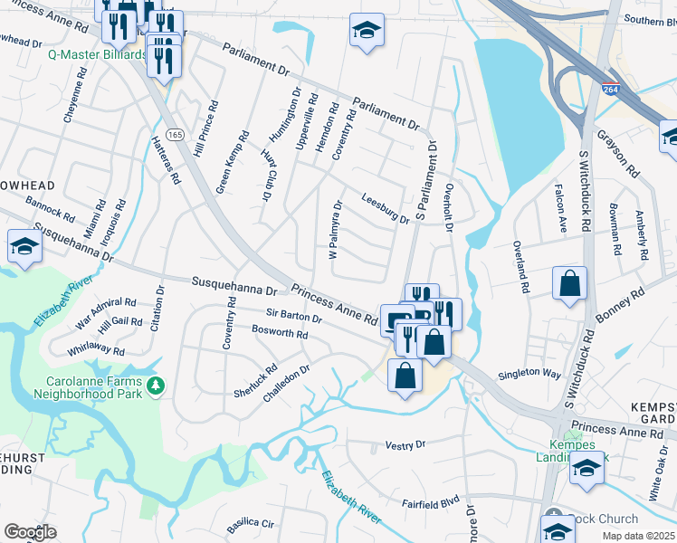 map of restaurants, bars, coffee shops, grocery stores, and more near 5328 South Palmyra Drive in Virginia Beach
