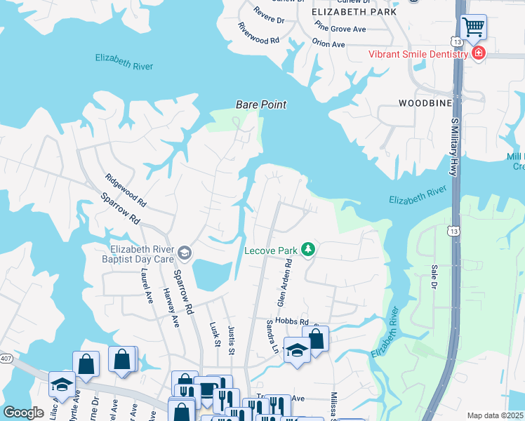 map of restaurants, bars, coffee shops, grocery stores, and more near 3524 Byrn Brae Drive in Virginia Beach