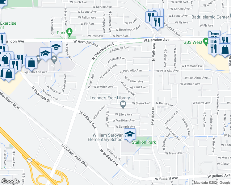 map of restaurants, bars, coffee shops, grocery stores, and more near 6483 North Carnegie Avenue in Fresno