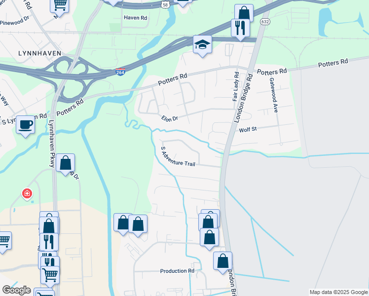 map of restaurants, bars, coffee shops, grocery stores, and more near 429 North Adventure Trail in Virginia Beach