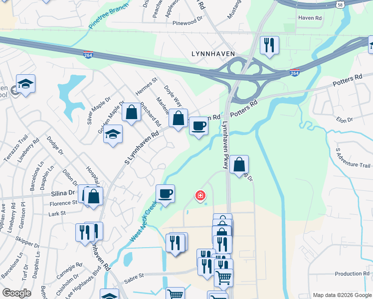 map of restaurants, bars, coffee shops, grocery stores, and more near 208 Golden Oak Court in Virginia Beach