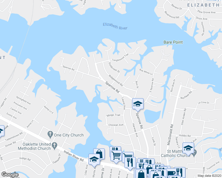 map of restaurants, bars, coffee shops, grocery stores, and more near 300 Sparrow Road in Chesapeake