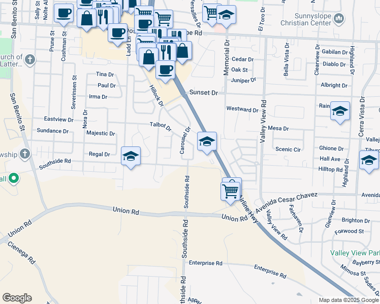 map of restaurants, bars, coffee shops, grocery stores, and more near 931 Talbot Drive in Hollister