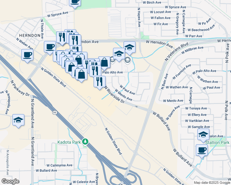 map of restaurants, bars, coffee shops, grocery stores, and more near 5709 North Riverside Drive in Fresno