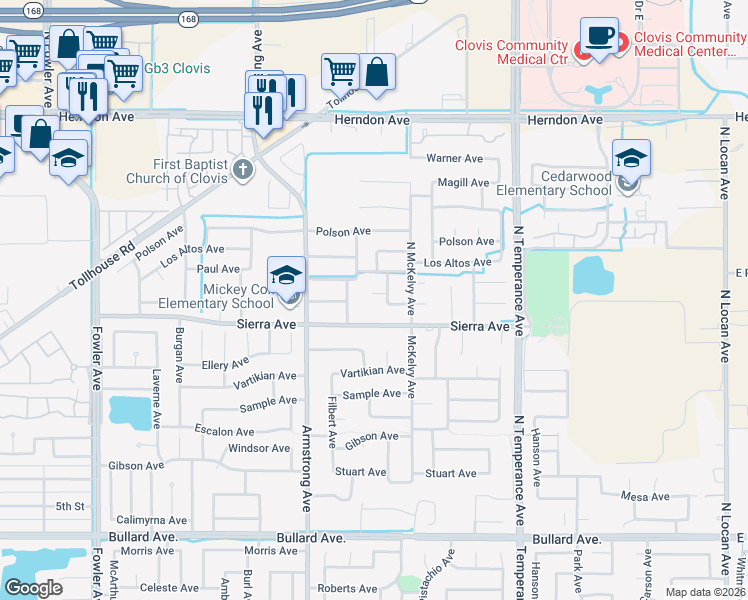 map of restaurants, bars, coffee shops, grocery stores, and more near 2346 Menlo Avenue in Clovis