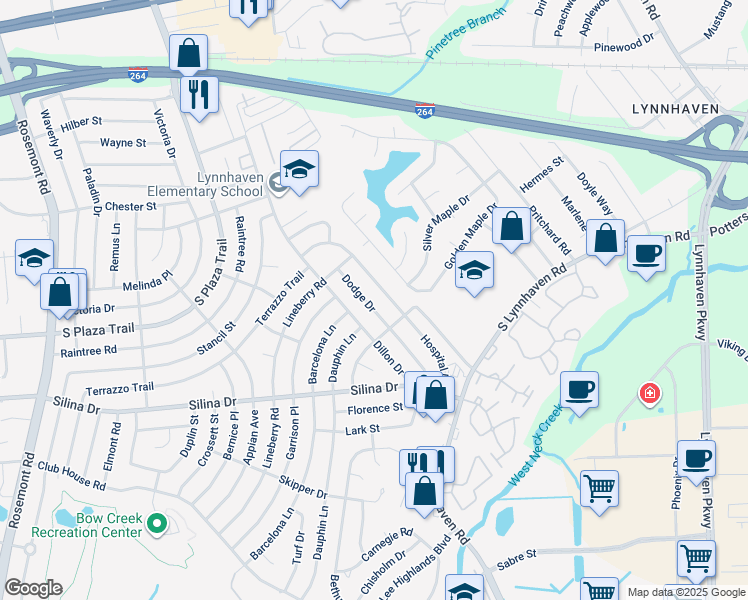 map of restaurants, bars, coffee shops, grocery stores, and more near 328 Dodge Drive in Virginia Beach
