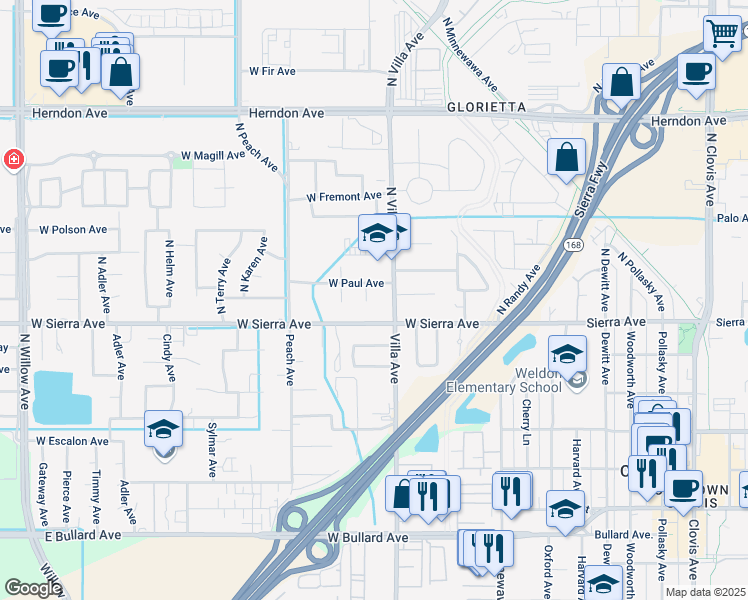 map of restaurants, bars, coffee shops, grocery stores, and more near 40 North Caesar Avenue in Clovis