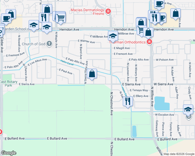 map of restaurants, bars, coffee shops, grocery stores, and more near 6524 North Whitney Avenue in Fresno